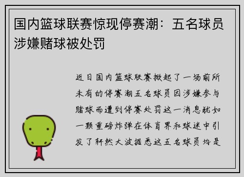 国内篮球联赛惊现停赛潮：五名球员涉嫌赌球被处罚