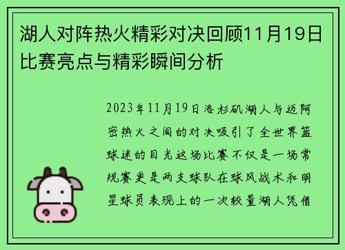 湖人对阵热火精彩对决回顾11月19日比赛亮点与精彩瞬间分析
