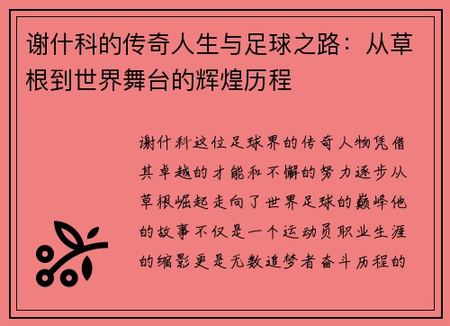 谢什科的传奇人生与足球之路：从草根到世界舞台的辉煌历程