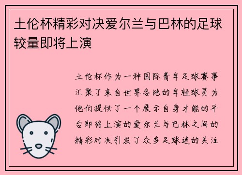 土伦杯精彩对决爱尔兰与巴林的足球较量即将上演