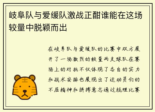 岐阜队与爱缓队激战正酣谁能在这场较量中脱颖而出