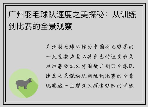 广州羽毛球队速度之美探秘：从训练到比赛的全景观察