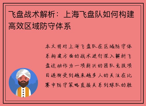 飞盘战术解析：上海飞盘队如何构建高效区域防守体系