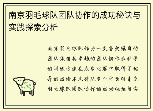 南京羽毛球队团队协作的成功秘诀与实践探索分析
