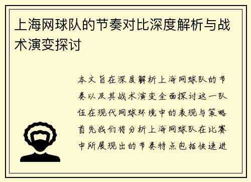 上海网球队的节奏对比深度解析与战术演变探讨