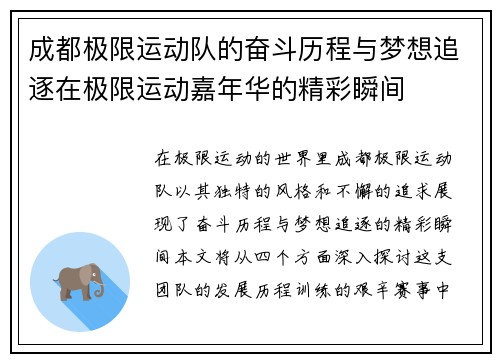 成都极限运动队的奋斗历程与梦想追逐在极限运动嘉年华的精彩瞬间
