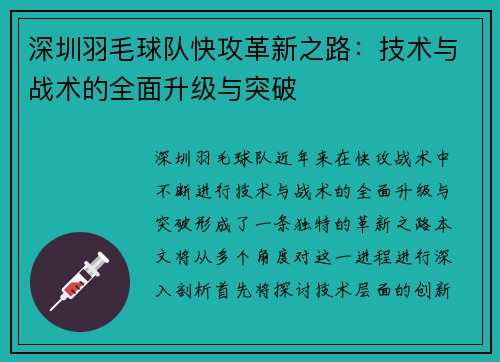 深圳羽毛球队快攻革新之路：技术与战术的全面升级与突破